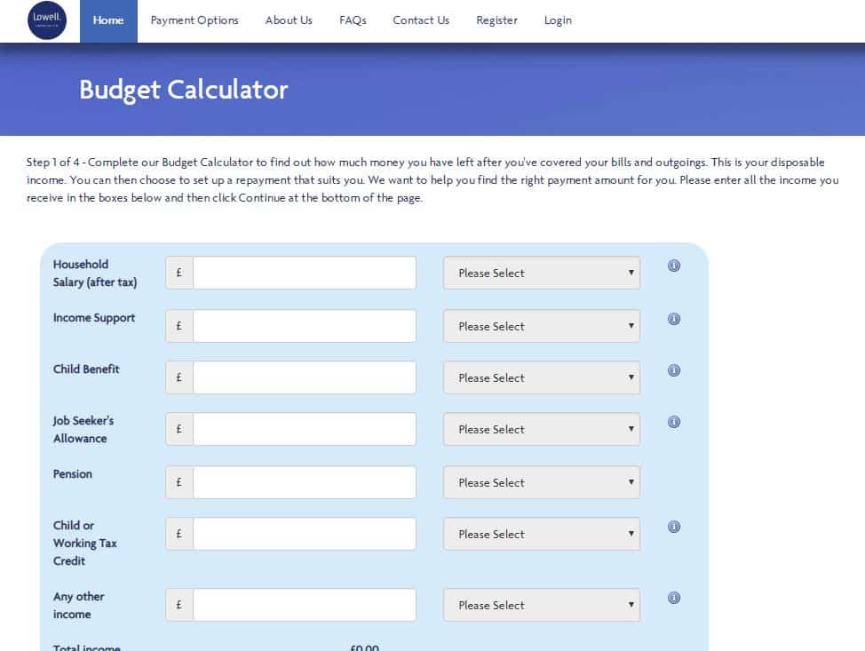 Budget Calculator page in Lowell Group Debt