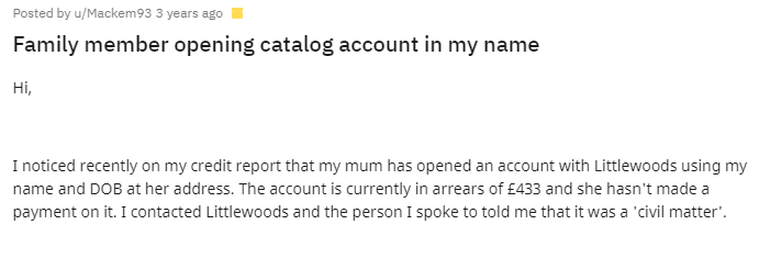 Family Member Used My Name to Open a Catalogue Account