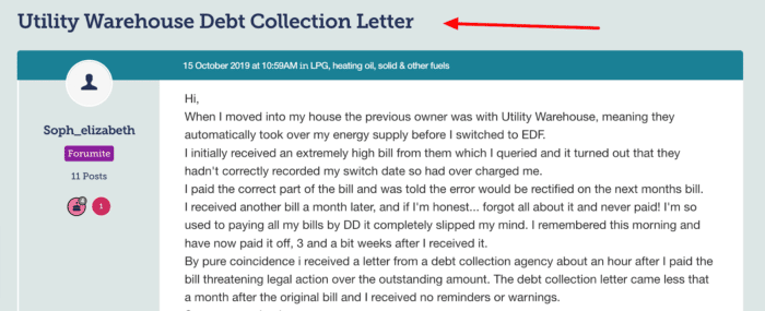 Utility Warehouse debt collection letter