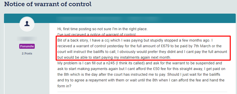 warrant of control wrong address